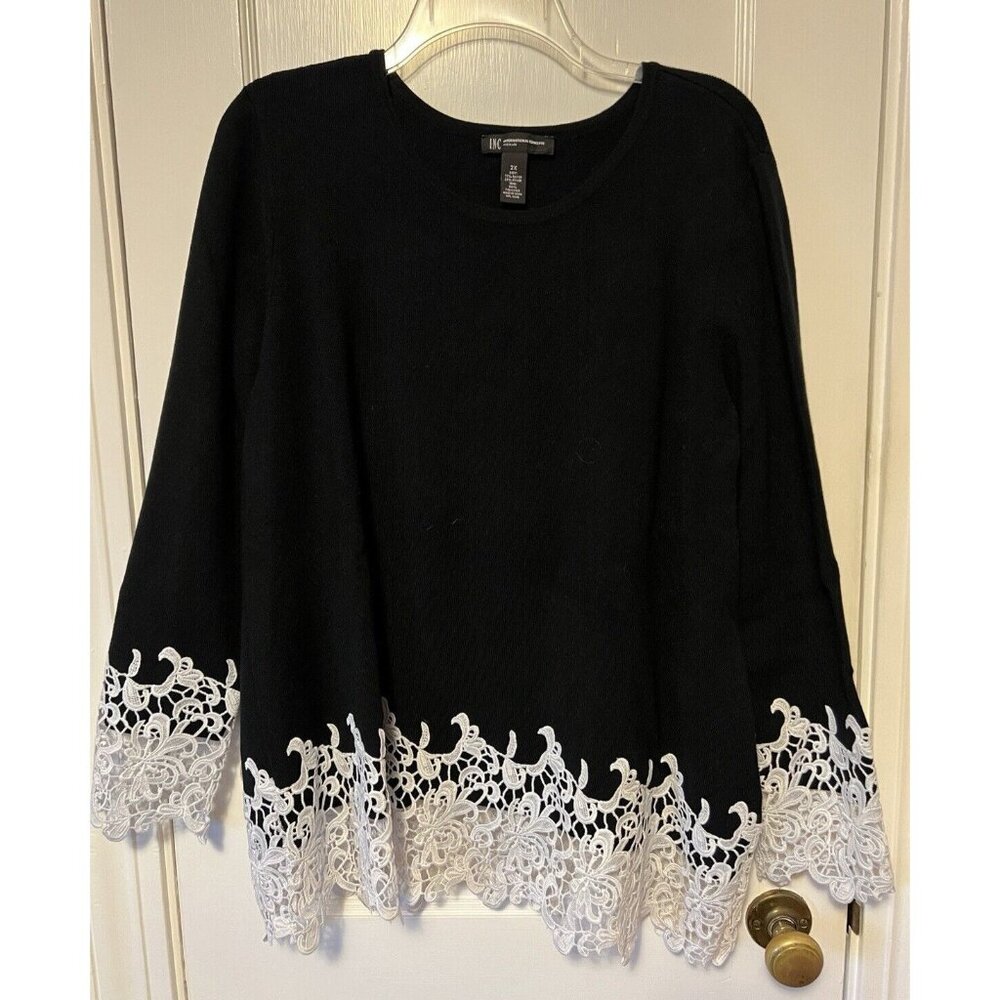 INC International Concepts Womens Black Sweater w White Lace Detail Hem 2X